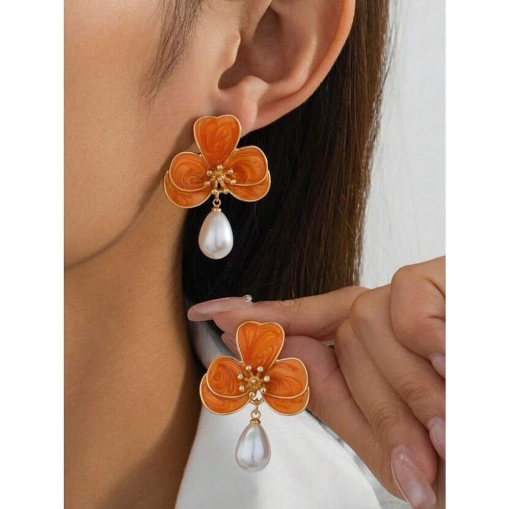 Elegant Orange Flower Drop Earrings with Pearl - Women Jewelry R413